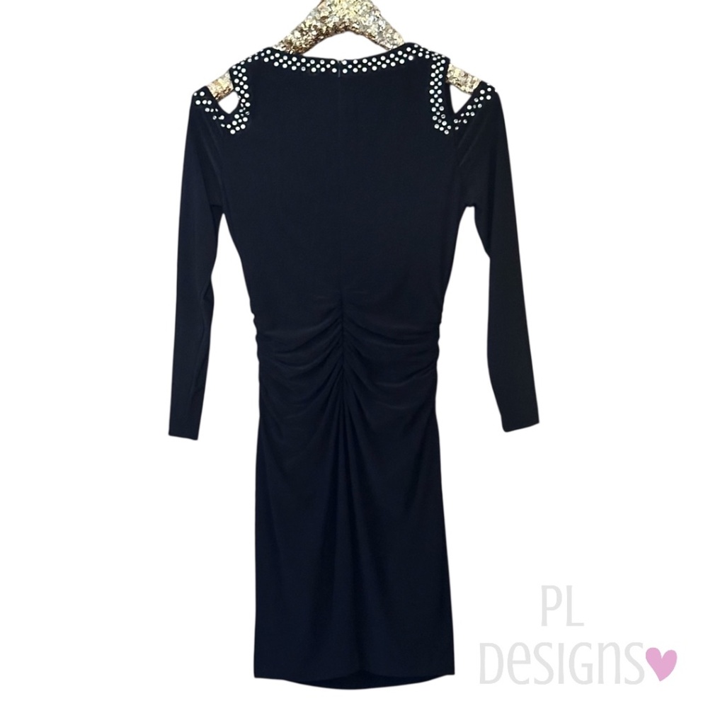 Cache Ruched Embellished Black Dress - Picture 5 of 8